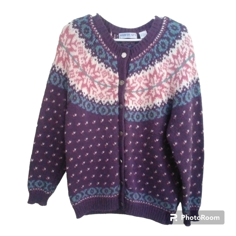 Northern Isle Purple Cardigan Sweater Nordic Ski Fall & Winter Women's S…